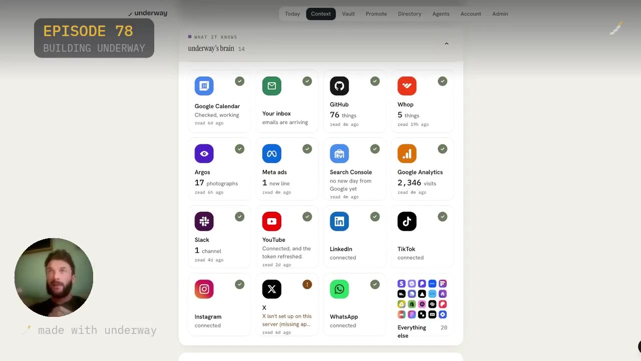 Underway's brain: 14 connected tools and what each one read today.