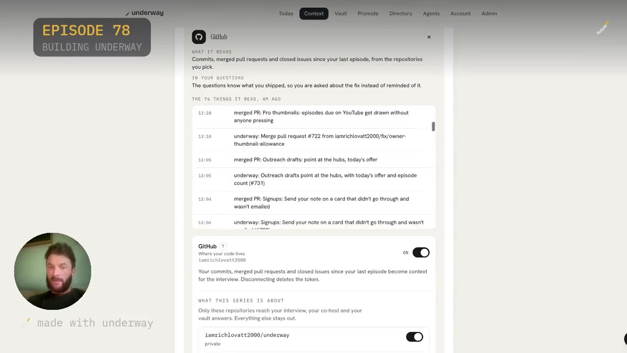 The GitHub connection open in the app, showing the merged pull requests it read today.
