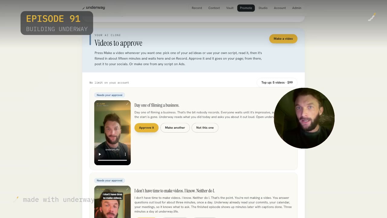 Videos to approve, with the top-up price for extra videos and a second approved video queued beneath it.