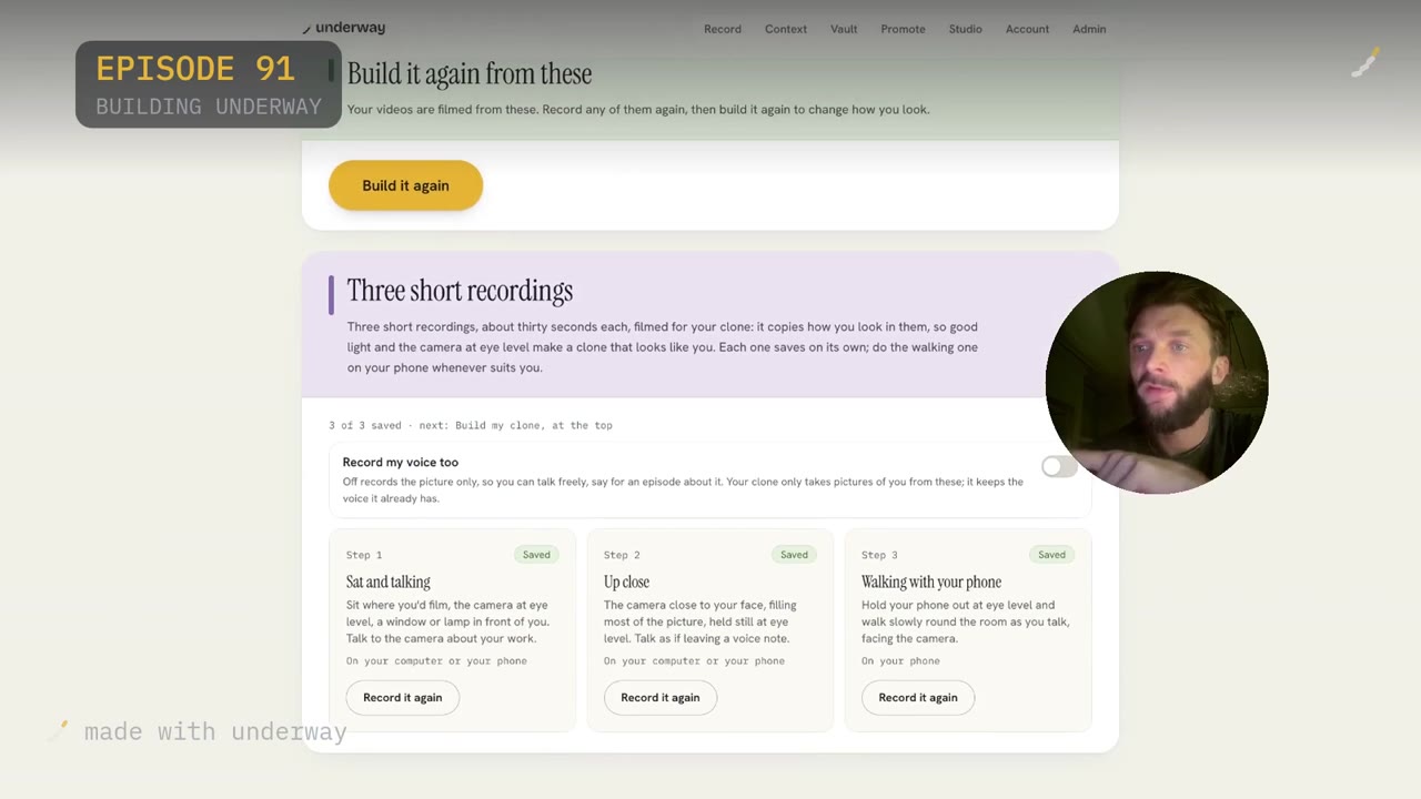 The three short recordings screen: sat and talking, up close, and walking with your phone, each saved as its own step.