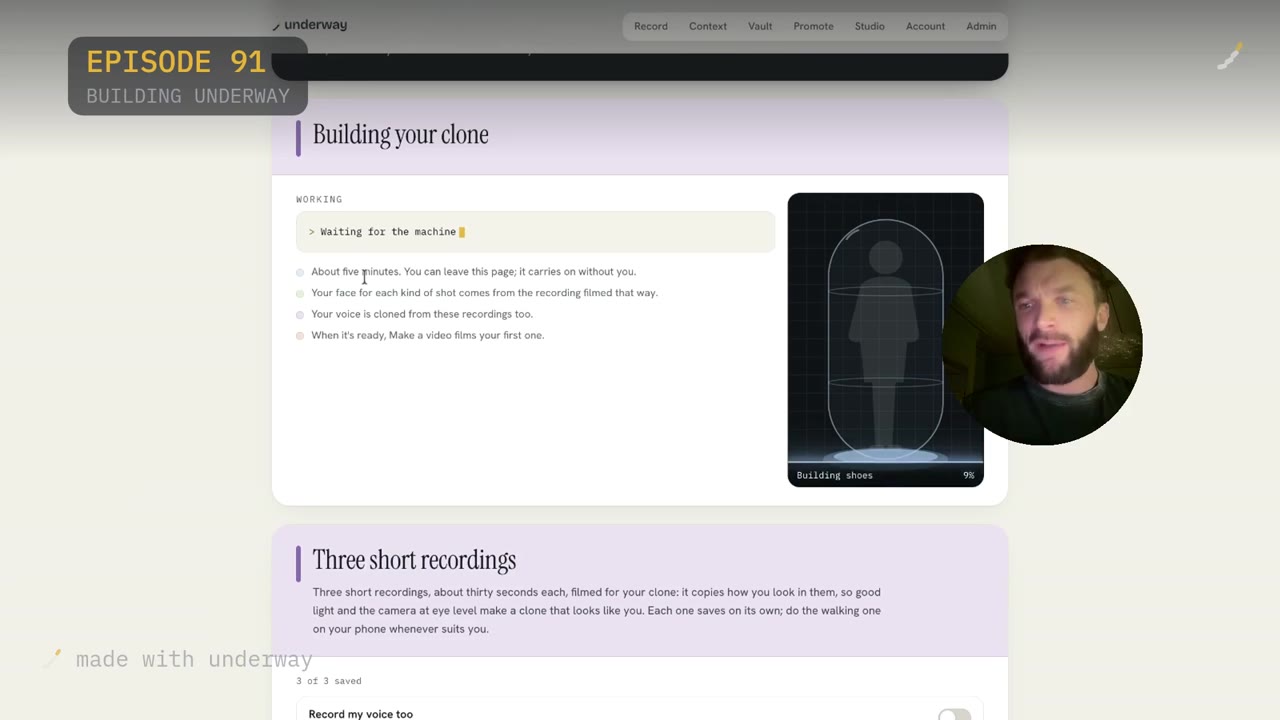 The build screen, showing the model being constructed from the three recordings, percentage and step visible.
