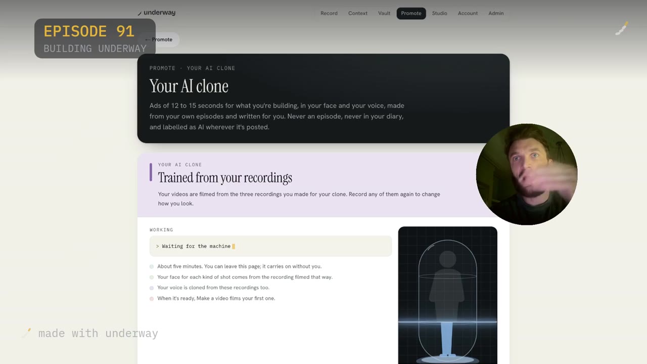 The Your AI clone page under Promote, explaining ads of 12 to 15 seconds, made from your own episodes and labelled as AI wherever posted.