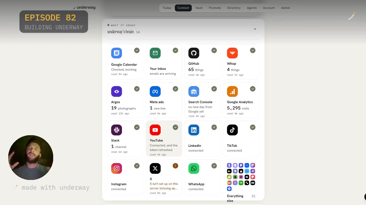 Fourteen tools in Underway's brain, each showing what it read and when.