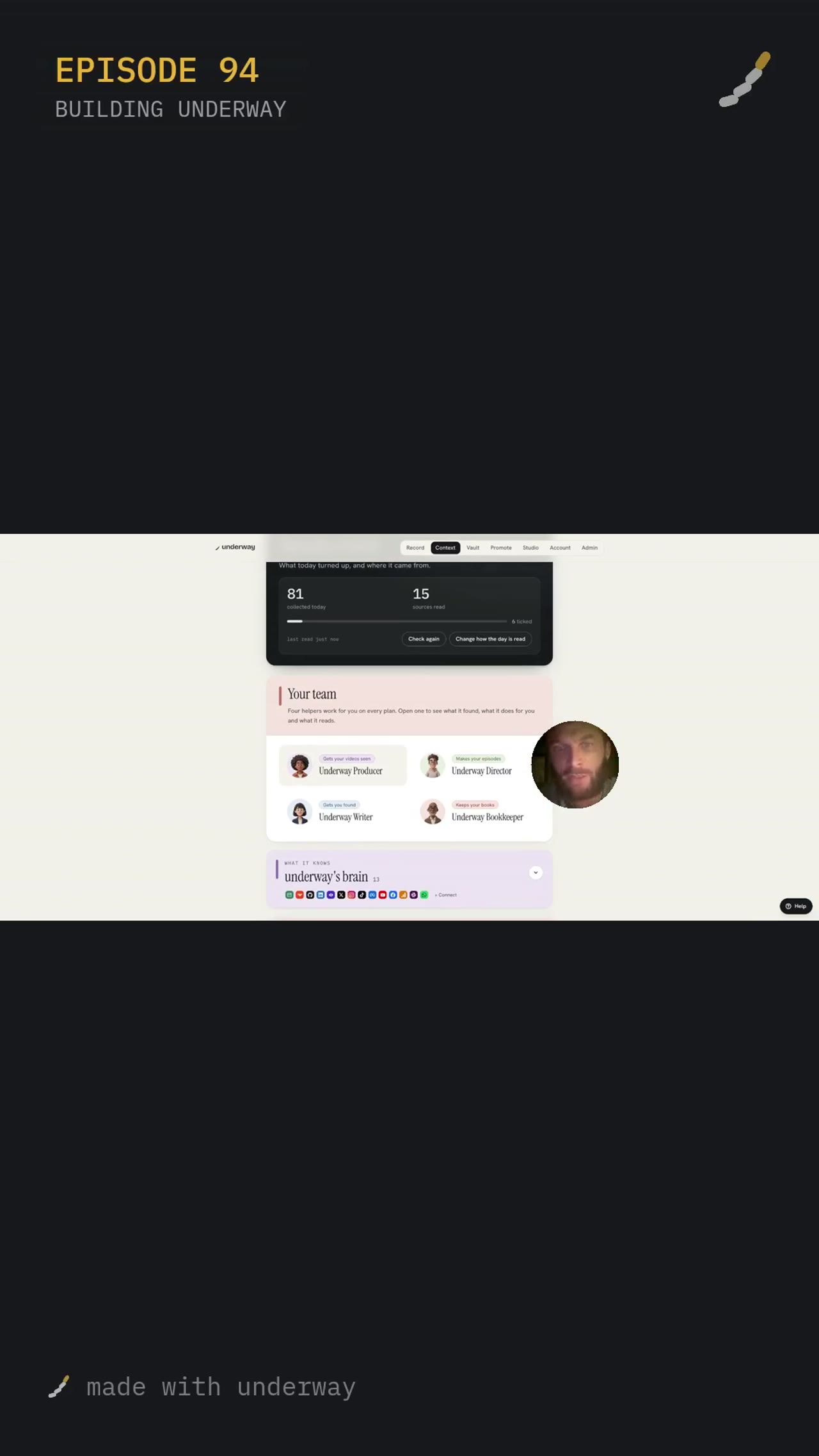 The context tab showing what today turned up, how many sources were read, and the four agents in Your team.