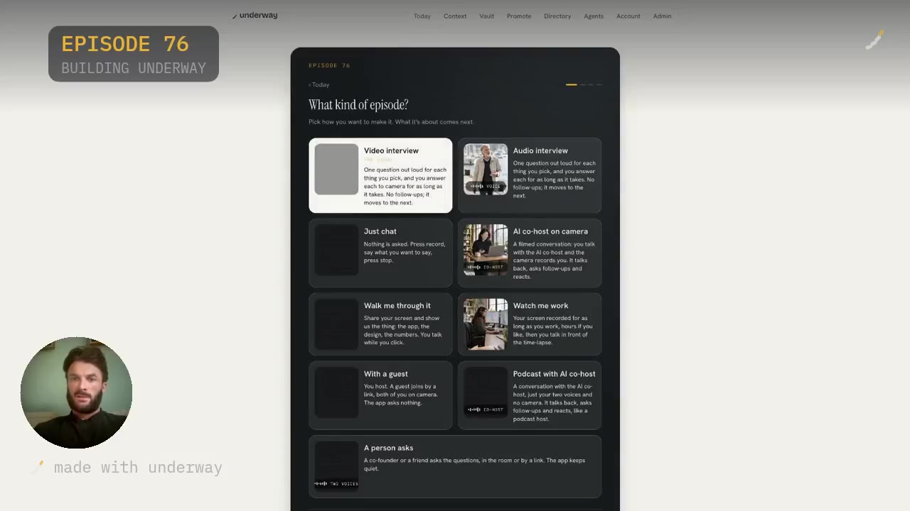 The record screen: video interview, audio interview, Just Chat, AI co-host, walk-throughs and more.