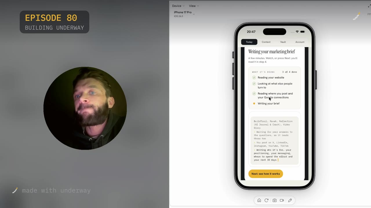 The brief being written: reading your website, your competitors, your posts and Google connections.