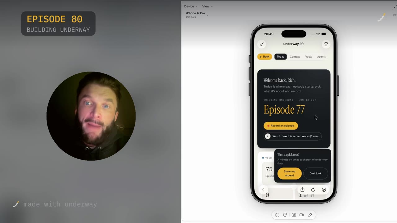 Today inside a real account: episode number, record button and a quick tour offer.