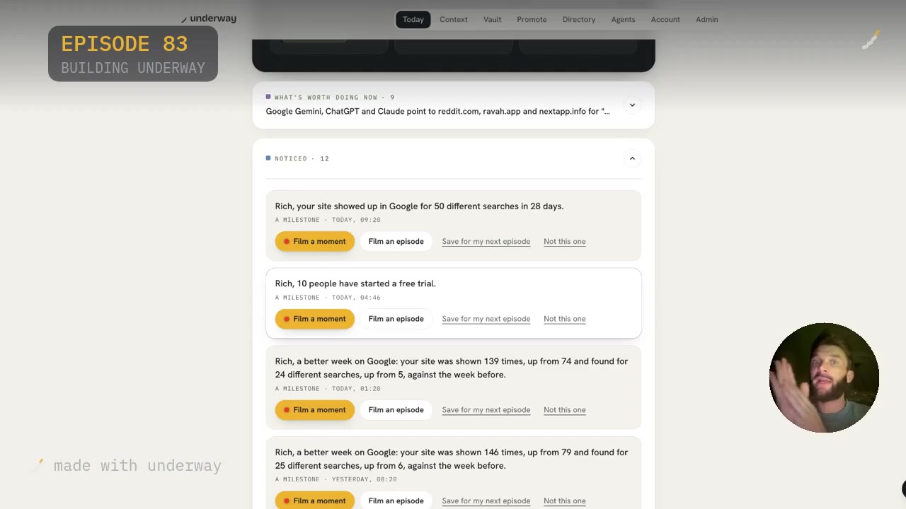Milestones in the feed: 50 different searches in 28 days, and ten free trials started.