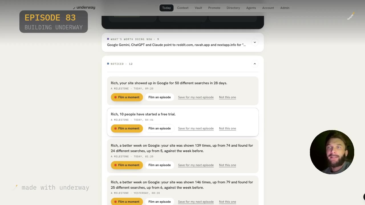 The Noticed feed, with Film a moment next to each milestone.