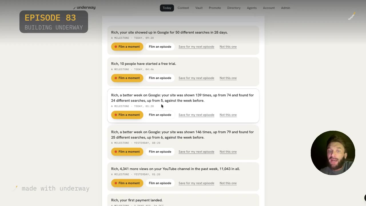 A run of milestones in order, down to the first payment landing.