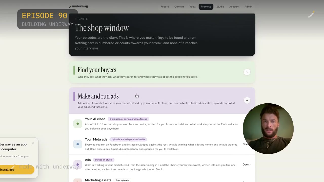 Promote's shop window, with your AI clone sitting under Make and Run Ads.