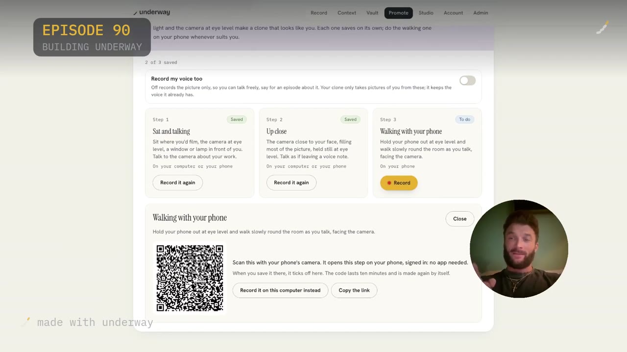 Walking with your phone: scan the QR code, no app needed, and it ticks off on the web.