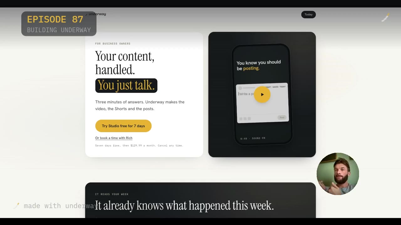 The business-owner landing page: your content, handled, you just talk, with Try Studio free for 7 days as the primary button.
