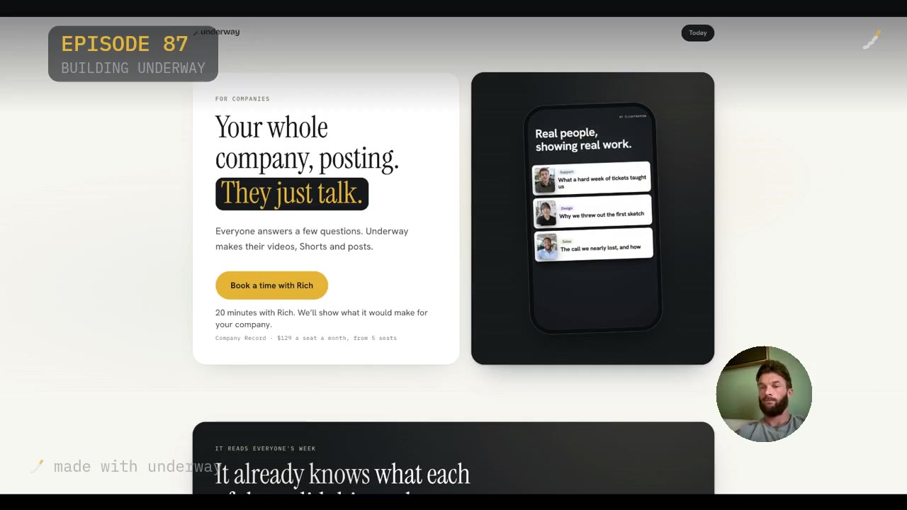 The teams page showing real people, real work: support, design and sales each framed as a short answer someone on the team would give.