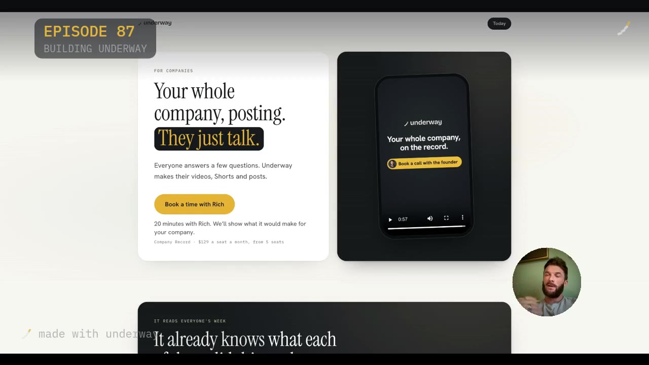 The teams page video: your whole company, on the record, with the book a call with the founder button.
