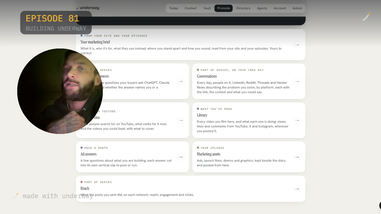 The rest of the shop window: marketing brief, Conversations, Videos to film, Library, Ad answers and Reach.