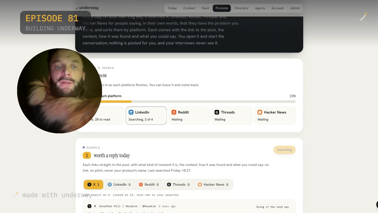 The daily search running: X done with 28 to read, LinkedIn searching, Reddit, Threads and Hacker News waiting.