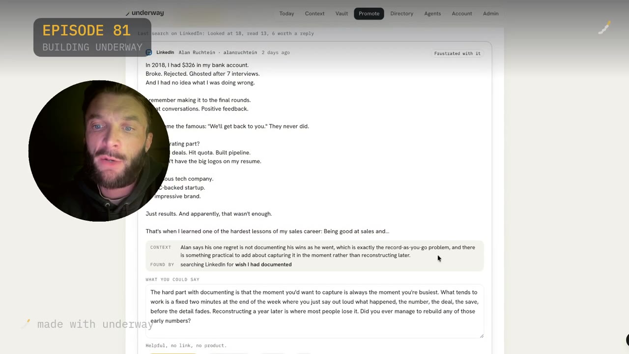 The LinkedIn signal: Alan's post, the context, and the reply drafted under it.
