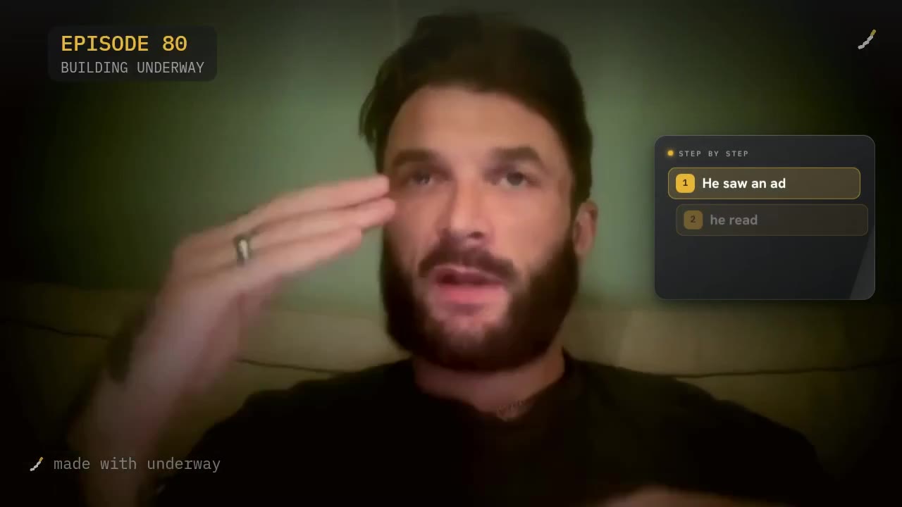 On screen: step by step, he saw an ad, he read.